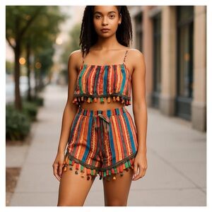 SHEIN multicolored short set with  Pom-Pom Details